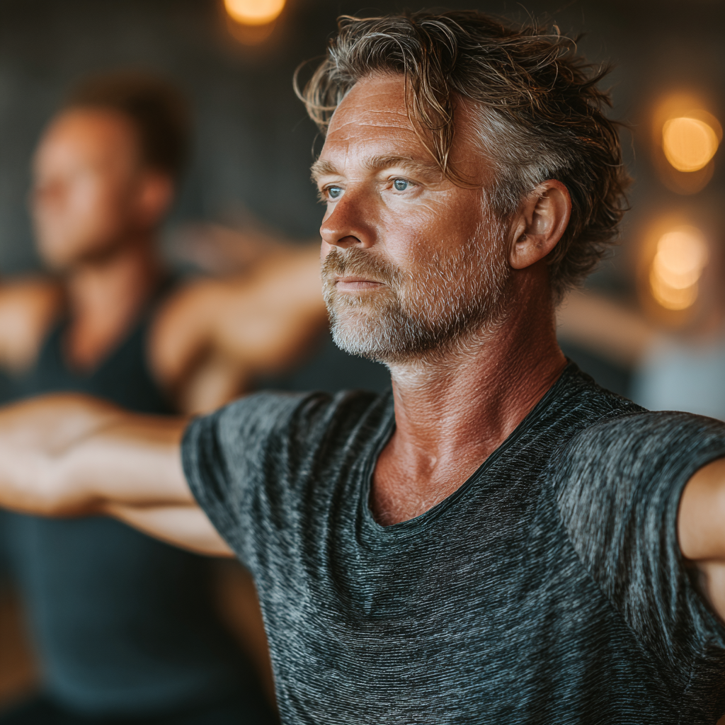 Middle-aged man in his early fifties practicing yoga warrior pose with focused concentration and proper alignment in a peaceful studio setting