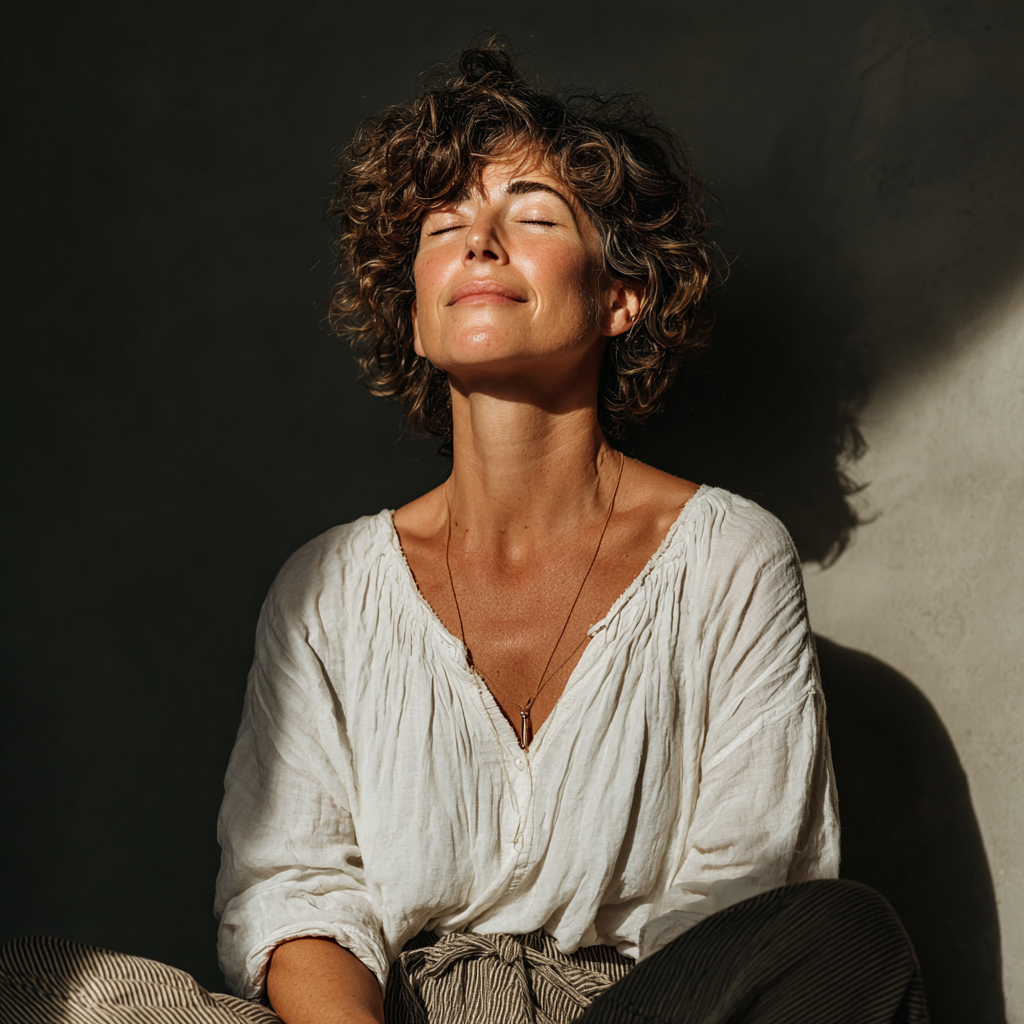Peaceful woman in her mid-forties sitting in lotus position during meditation with serene expression and natural lighting creating a harmonious atmosphere