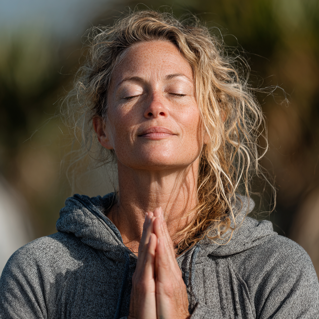 Serene woman in her forties practicing yoga meditation pose outdoors in natural lighting, demonstrating peaceful mindfulness and inner balance